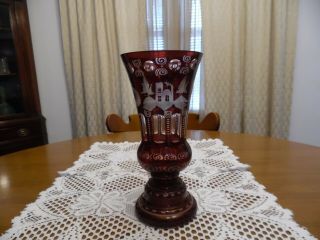 Bohemian/czech Republic Ruby Red Cut To Clear Vase 10 1/4 Inches