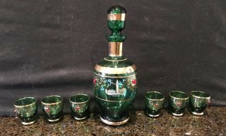 Vintage Emerald Green With Gold Overlay Cordial Set.  Classic And Italy
