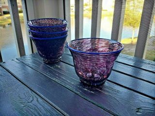 Hand Blown Art Glass Bowls,  Set Of 4,  Purple Swirl,  Footed,  Bright Blue Rim
