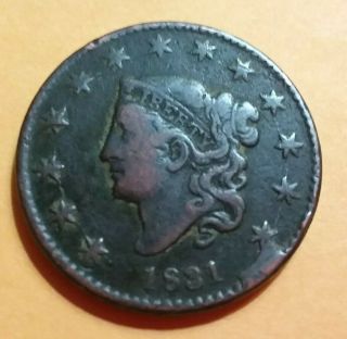 1831 Medium Letters Matron Head Large Cent; Dark Chocolate Brown Patina;diebreak