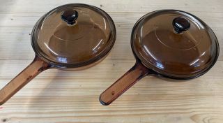 Vintage Corning Ware Visions Amber Cookware Set Of 2 Skillet 7” Pan Frying