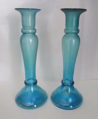(2) 1922 Dugan Diamond Stretch Glass Celeste Blue Blown Candle Stick Holder Vase