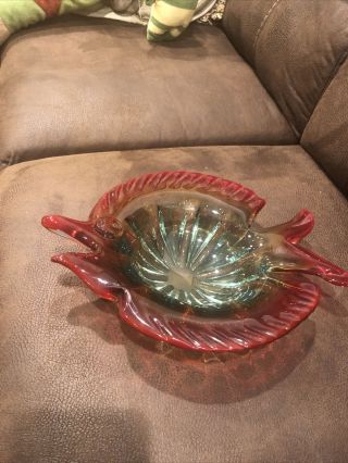 Vintage Murano Art Glass Decorative Ombre Red/blue Green Fish Dish Bowl Italy
