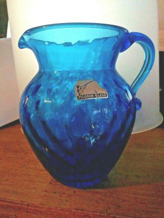 Pilgrim Hand Blown Optic Blue Glass Pitcher W/ Applied Creased Handle