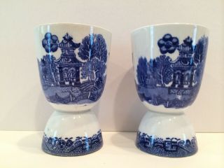 2 - Vintage 3 3/4 " Double Egg Cup Blue Willow Pattern