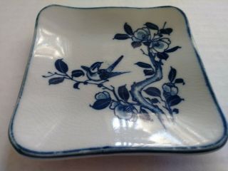 Delft Blue Asian Trinket Dish 4.  5 " Square,  Hummingbird/cherry Blossom Design Euc