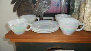Vintage Federal Glass Opalescent Moon Glow Cups And Saucers