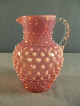 Fenton Cranberry Opalescent Glass Hobnail Syrup Pitcher