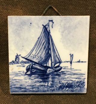 Vintage Delft Blue Tile Hand Painted Holland Sailboat Windmill Hanging Tile