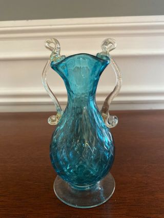 Blenko Art Glass Turquoise Blue Diamond Optic Handle Vase