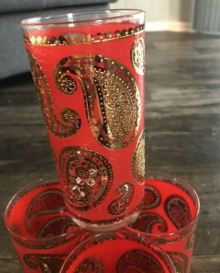 Vintage Set Of 4 Mid - Century Red Gold Paisley Glitter Style Drinking Glasses