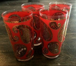 Vintage Set of 4 Mid - Century Red Gold Paisley Glitter Style Drinking Glasses 2