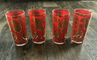 Vintage Set of 4 Mid - Century Red Gold Paisley Glitter Style Drinking Glasses 3