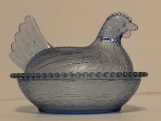 Vintage Indiana Glass Blue Hen Rooster On Nest Covered Candy Dish=7