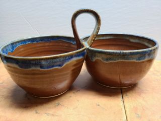 Studio Art Pottery Condiment Bowls Brown With Blue Drip Glaze Signed