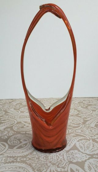 Vintage Murano Style Hand Blown Studio Art Glass Stretch Basket Vase Orange 15 "