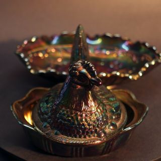Carnival Glass Iridescent Hen On A Nest & Small Dish