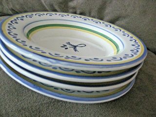 Williams Sonoma Blue Yellow Green 4 Rim Soup Pasta Bowls 9 5/8 " Hand Paint Italy