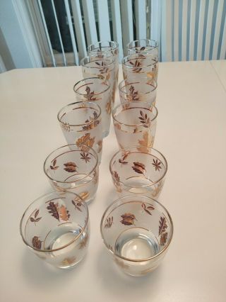 Set Of 12 Libbey Gold Leaf Frosted Drinking Glasses Three Different Sizes