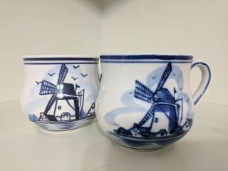 Delft Blue Tea Coffee Cup Mug Holland Windmill Flowers Daic Set Of 2