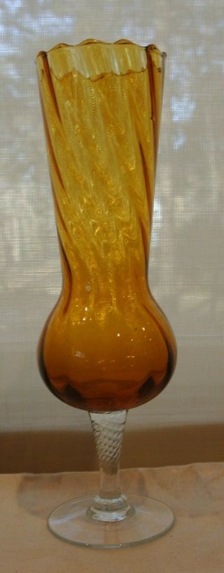 Vintage Amber Empoli Italian Glass Optic Vase With Swirl Stem