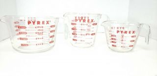 Pyrex Set Of 3 Measuring Cups Clear Glass Red Letter,  4 Cup,  2 Cup & 1 Cup