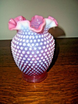 Vntg Fenton Cranberry & Pink Opalescent Hobnail Double Ruffled 6 " Vase