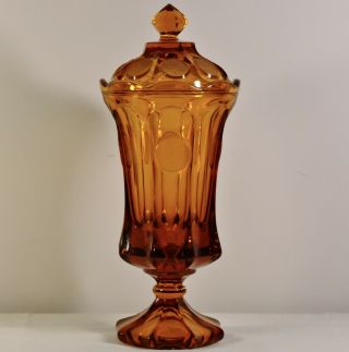 Vtg.  Fostoria Amber Frosted Coin Glass 13 " Footed Urn,  Lid - Apothecary Candy Jar