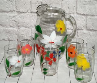 Vtg Bartlett Collins Gay Fad Pitcher Cups Set Glass Floral Hand Painted Ice Lip