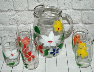Vtg Bartlett Collins Gay Fad Pitcher Cups Set Glass Floral Hand Painted Ice Lip 2