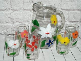 Vtg Bartlett Collins Gay Fad Pitcher Cups Set Glass Floral Hand Painted Ice Lip 3