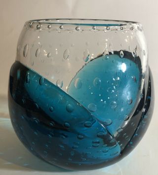 Signed Fenton Blue Green Aqua Teal Art Glass Vase Controlled Bubble Design