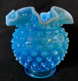 Antique Vintage Fenton? Aqua/blue Opalescent 4” Ruffled Edge Hobnail Vase Bowl
