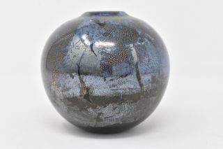 Isle Of Wight Glass Black & Blue Crackle Design Round Sphere Vase Not Boxed