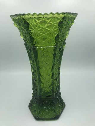 Exquisite Vintage L.  E.  Smith Daisy & Button 6 - Panel Green 10 " Flower Vase Heavy