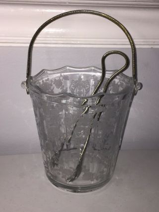 Vintage Cambridge Rose Point Elegant Etched Glass Ice Bucket W/tongs Barware