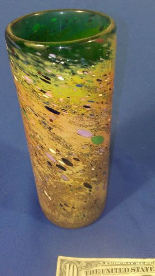 Art Glass Green Swirl Splater Heavy Vase Cylinder Cylindrical Shape Pontil Mark