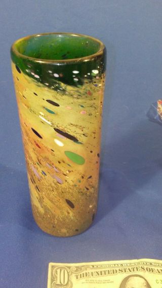 Art Glass Green Swirl Splater Heavy Vase Cylinder Cylindrical Shape Pontil Mark 2