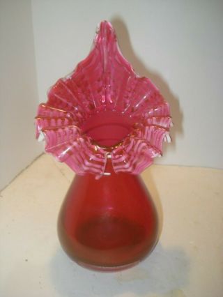 Vintage Fenton Art Glass Jack In The Pulpit Cranberry White Ribbon Collar Vase