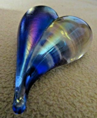 Signed Robert Held Art Glass Heart Paperweight Iridescent Blue & Clear 1/2 & 1/2