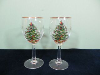 Set Of 2 Spode Christmas Tree 7 1/4 " Wine Glasses Stemware Gold Trim Santa Claus