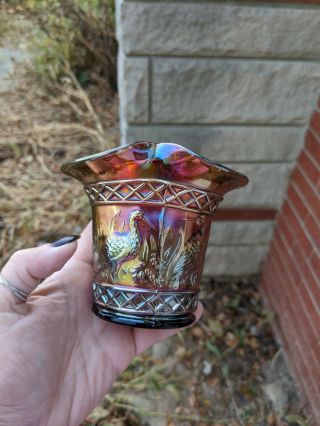 Dugan Carnival Glass Stork And Rushes Hat Vase Amethyst