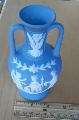 Wedgwood Blue Jasper Ware Handled Urn Vase White Embossed Classical Figures