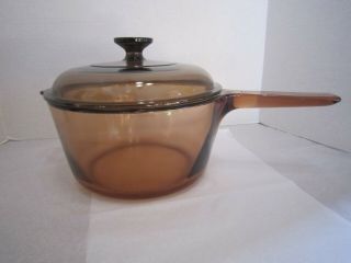 Vintage Corning Vision Ware 2.  5 L Amber Glass Pot Sauce Pan With Pyrex Lid Usa