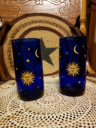 (2) Vintage Cobalt Blue Glass Drinking Cup Tumbler Celestial Sun Moon Star Libbey