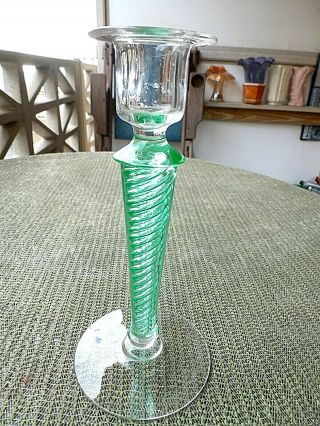 Libbey Crystal Green Swirl Single Art Glass 8 1/2 " Candlestick W/polished Pontil
