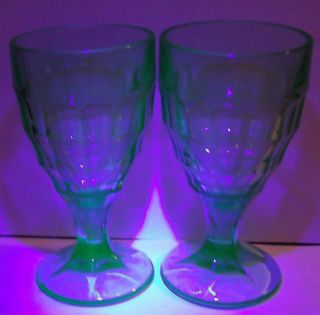 2 Vintage Green Vaseline Uranium Glass Footed Tumbler Goblet Drinking Glasses