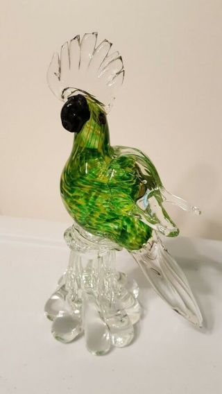 Murano Art Glass Bird Parrot Hand Crafted Glass Green Yellow Clear Gift Idea
