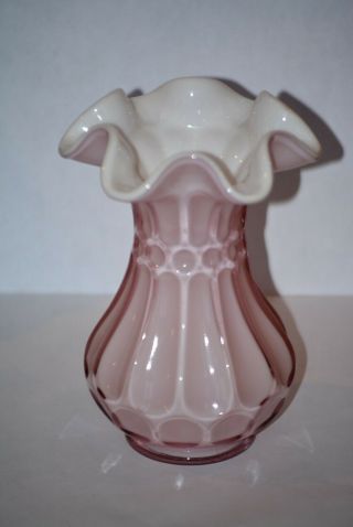 Vintage Fenton Glass White With Pink Overlay Case Ruffled Vase 5 1/2  Tall