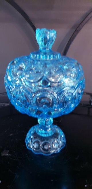 Vintage L.  E.  Smith Moon & Stars Covered Compote Ice Electric Blue 10 "